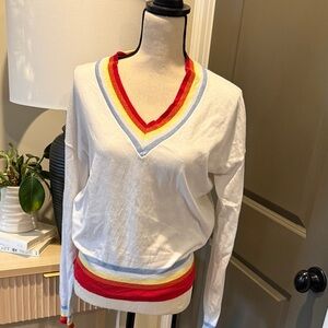 Central Park West White V-Neck Sweater with Colorful Stripes